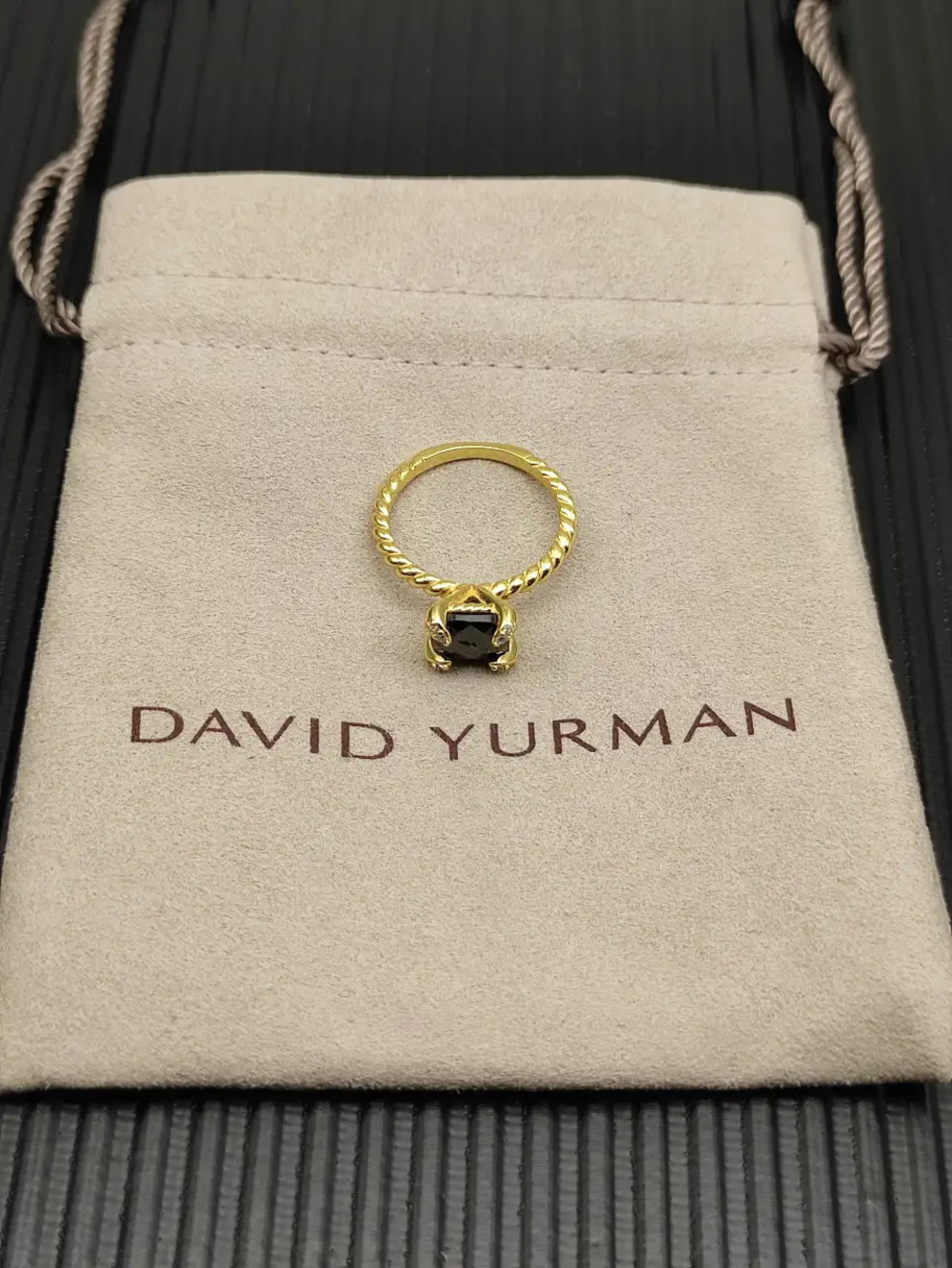 David Yurman Gold Ring with Black Diamond Center Prong